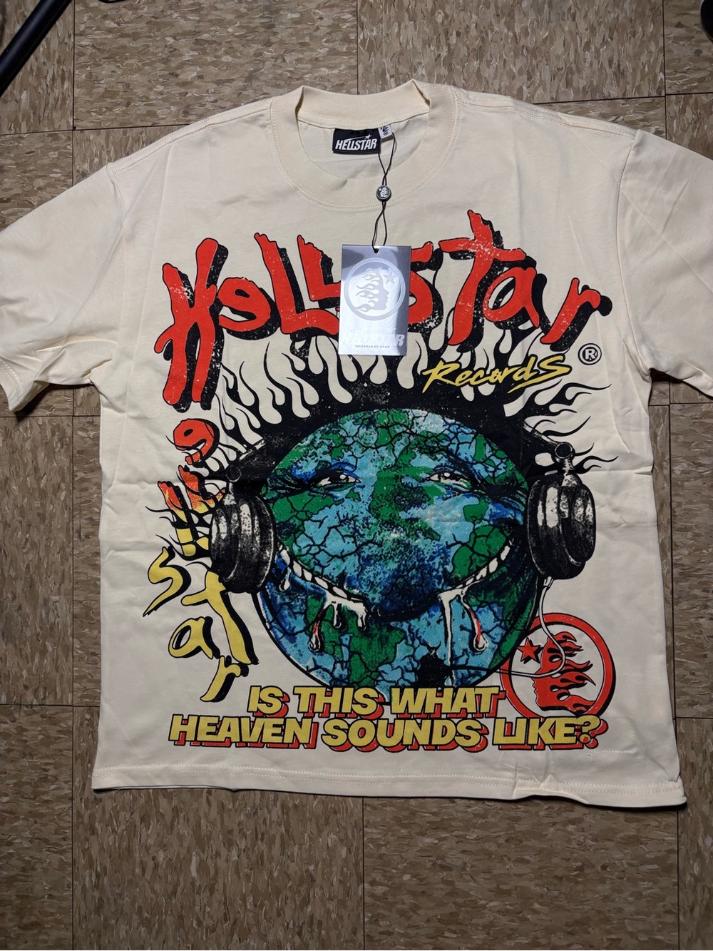 Hellstar Records Cream Graphic Tee with Green Globe Print